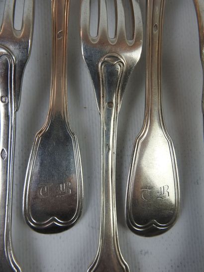 SIX LARGE silver cutlery net model. Monograms...