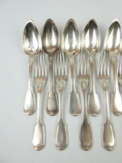 SIX LARGE silver cutlery net model. Monograms...