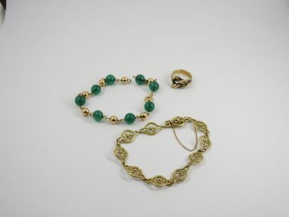THREE JEWELRY in gold low title, ring, two...