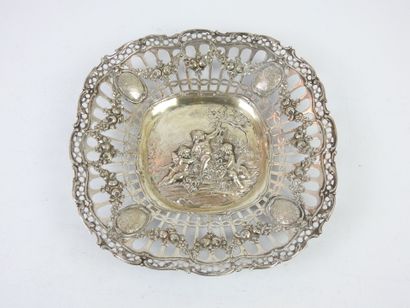 Square silver openwork CUP with central decoration...
