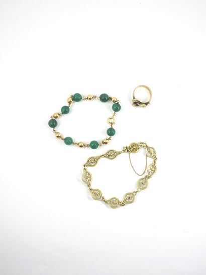 THREE JEWELRY in gold low title, ring, two...
