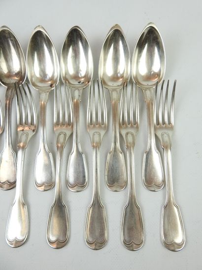 SIX LARGE silver cutlery net model. Monograms...