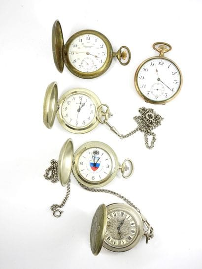 FOUR metal pocket watches, one gold-plated...