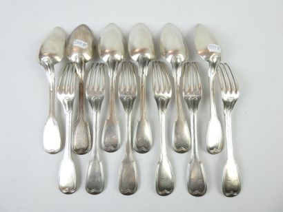 SIX LARGE silver cutlery net model. Monograms...