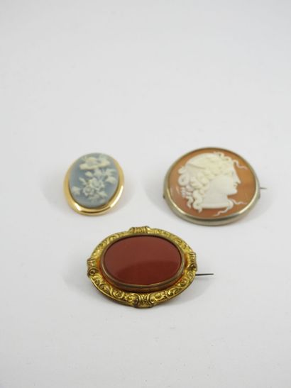 Oval brooch in gilded metal in oval plate...