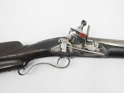 SPAIN. Hunting rifle with carved walnut frame,...