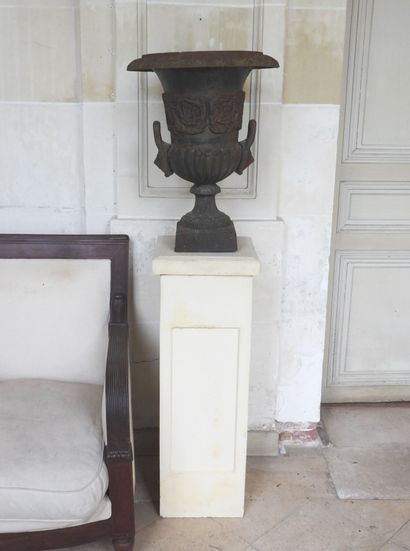 Pair of cast iron Medici vases resting on...