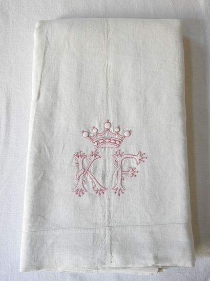 Large Linen Sheet with K.F. in red and white...
