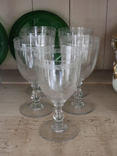 Suite of five crystal glasses with engraved...