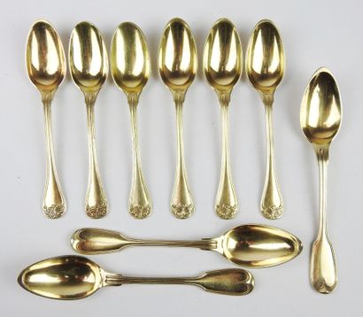 Suite of six small spoons in gilded silver,...