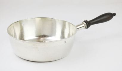 Silver pan Minerva. Blackened wood handle....