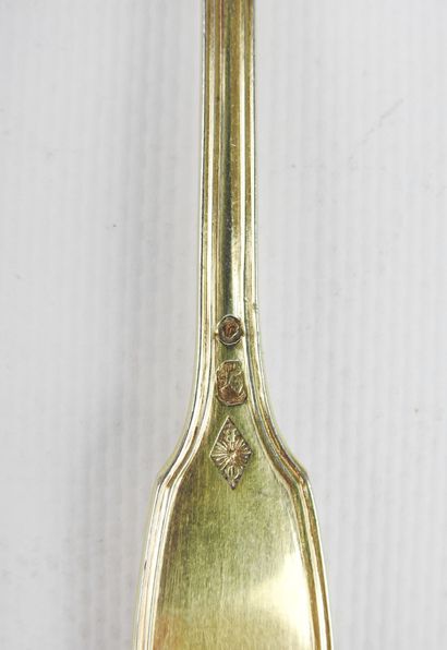 Suite of six small spoons in gilded silver,...