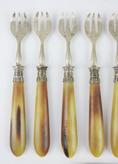 Suite of eleven oyster forks with horn handles...