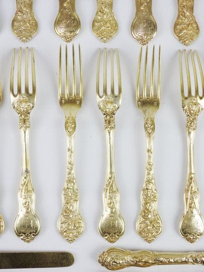 Rare silver gilt dessert set with rich decoration...