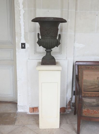 Pair of cast iron Medici vases resting on...