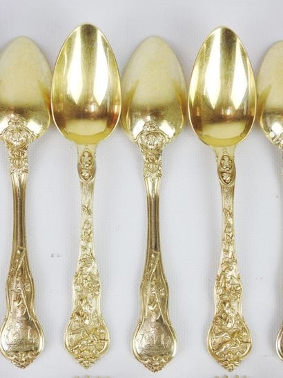 Rare silver gilt dessert set with rich decoration...