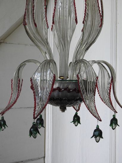 White, red and green blown glass chandelier...