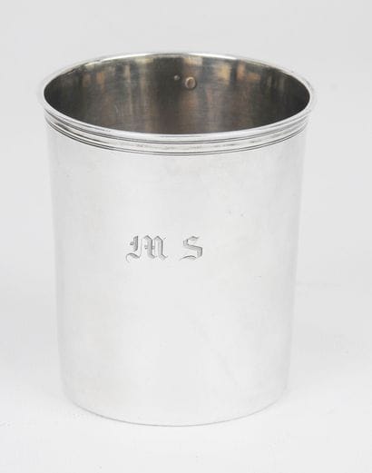 Large straight silver tumbler. Monogrammed...