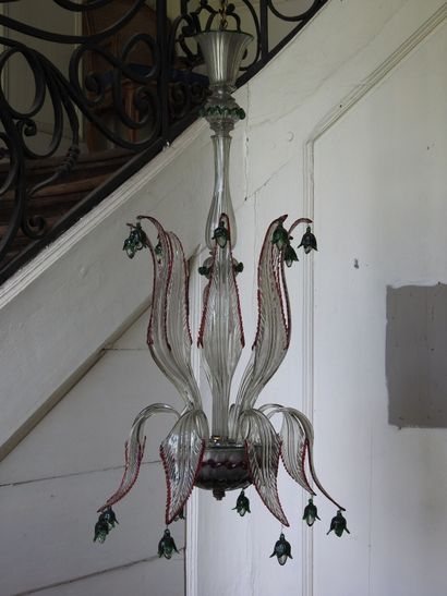 White, red and green blown glass chandelier...