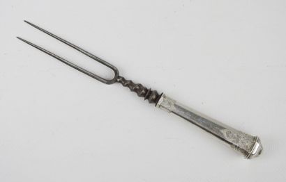 Two pronged steel fork with octagonal silver...