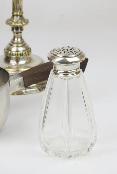 Lot including a silvered bronze candlestick...