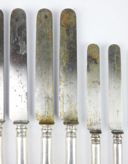 Suite of six large forged silver knives with...