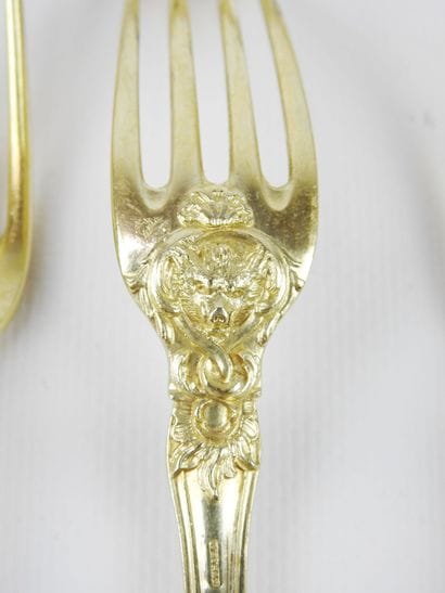 Rare silver gilt dessert set with rich decoration...