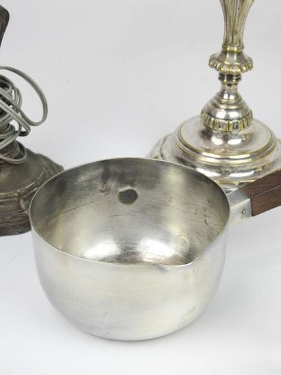 Lot including a silvered bronze candlestick...