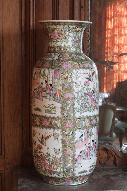 Pair of large enameled porcelain vases decorated...