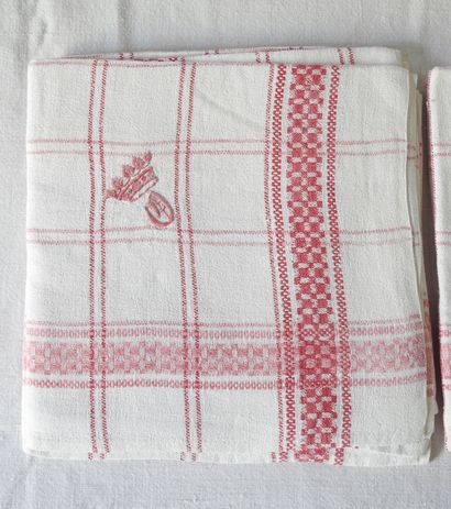 Four Tea towels with checkered O under crown...