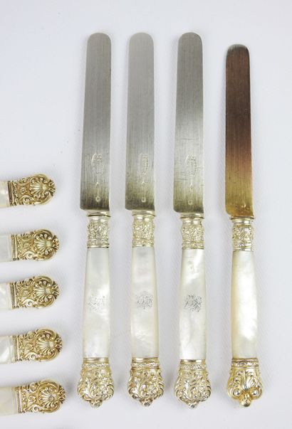 Suite of six gilt silver and mother-of-pearl...