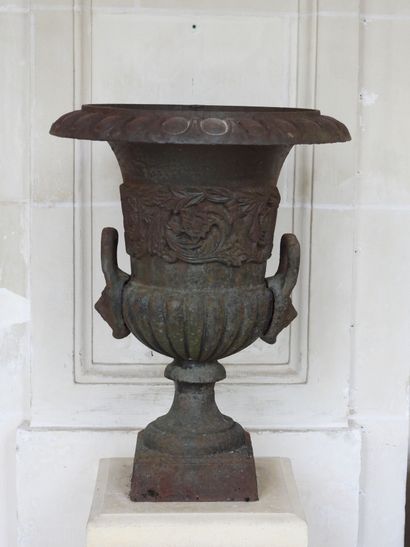 Pair of cast iron Medici vases resting on...