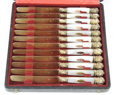 Suite of twelve silver gilt knives with mother-of-pearl...