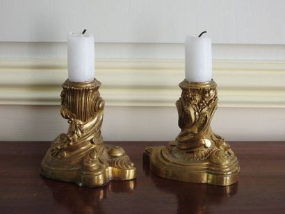 Pair of small bronze candlesticks in Rocaille...