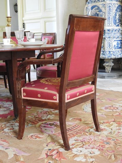 Suite of six mahogany armchairs, the armrests...