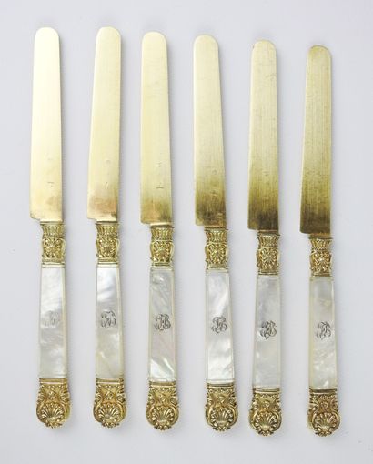 Suite of six gilt silver and mother-of-pearl...