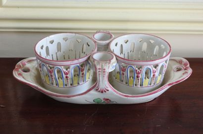 LUNEVILLE : Oil holder in polychrome earthenware....