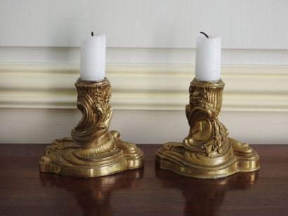 Pair of small bronze candlesticks in Rocaille...