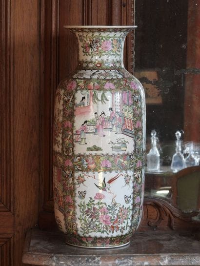 Pair of large enameled porcelain vases decorated...