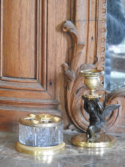 Desk inkwell and candlestick in crystal and...