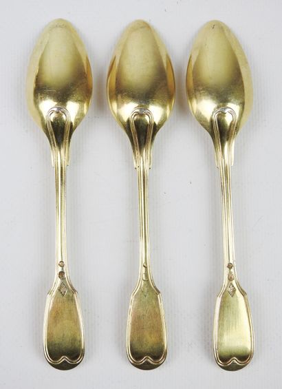 Suite of six small spoons in gilded silver,...