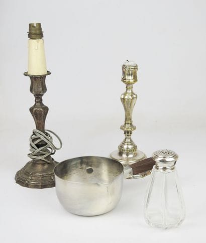 Lot including a silvered bronze candlestick...