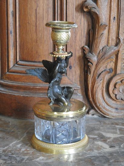 Desk inkwell and candlestick in crystal and...