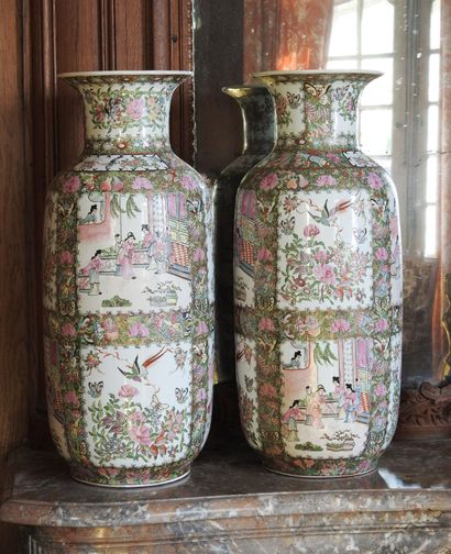 Pair of large enameled porcelain vases decorated...
