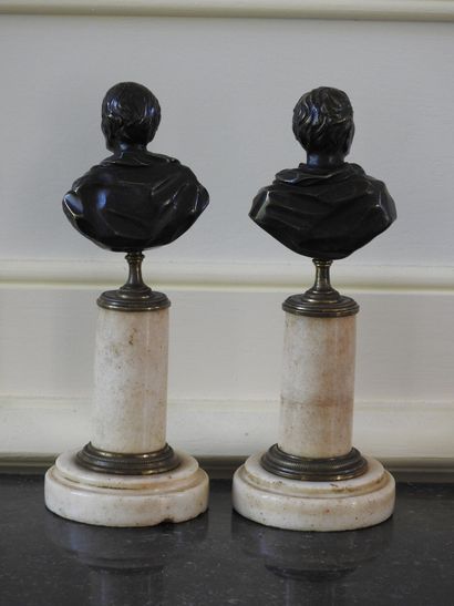 Pair of busts in bronze with brown patina...