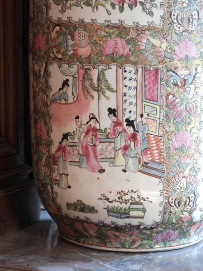Pair of large enameled porcelain vases decorated...