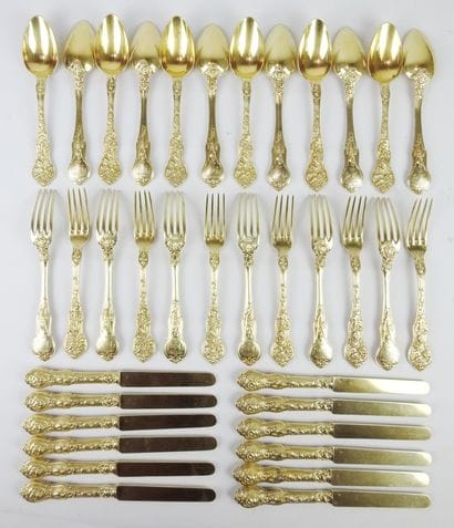 Rare silver gilt dessert set with rich decoration...