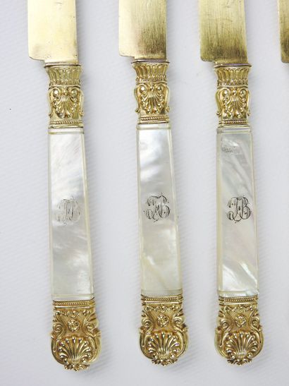 Suite of six gilt silver and mother-of-pearl...