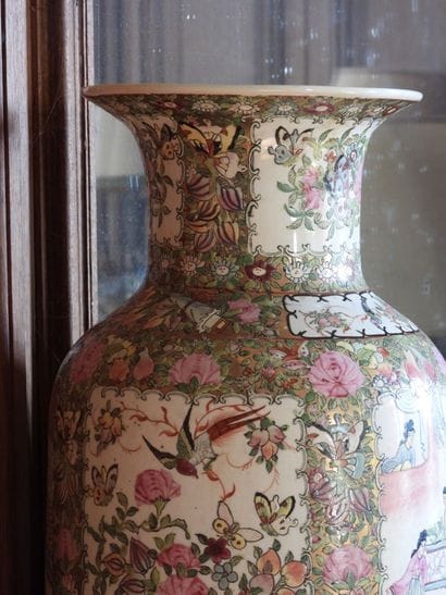 Pair of large enameled porcelain vases decorated...
