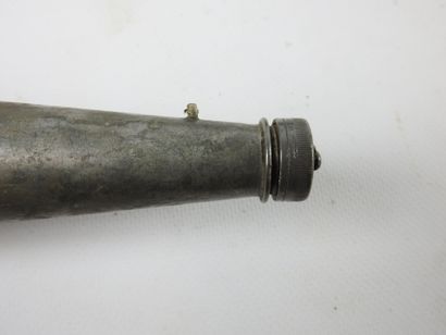 Pewter alcohol flask with its cup, in a leather...